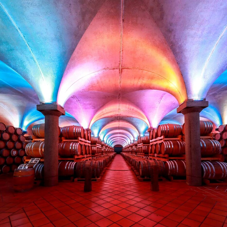 La Barricaia delle Distillerie illuminata di luci multicolori.