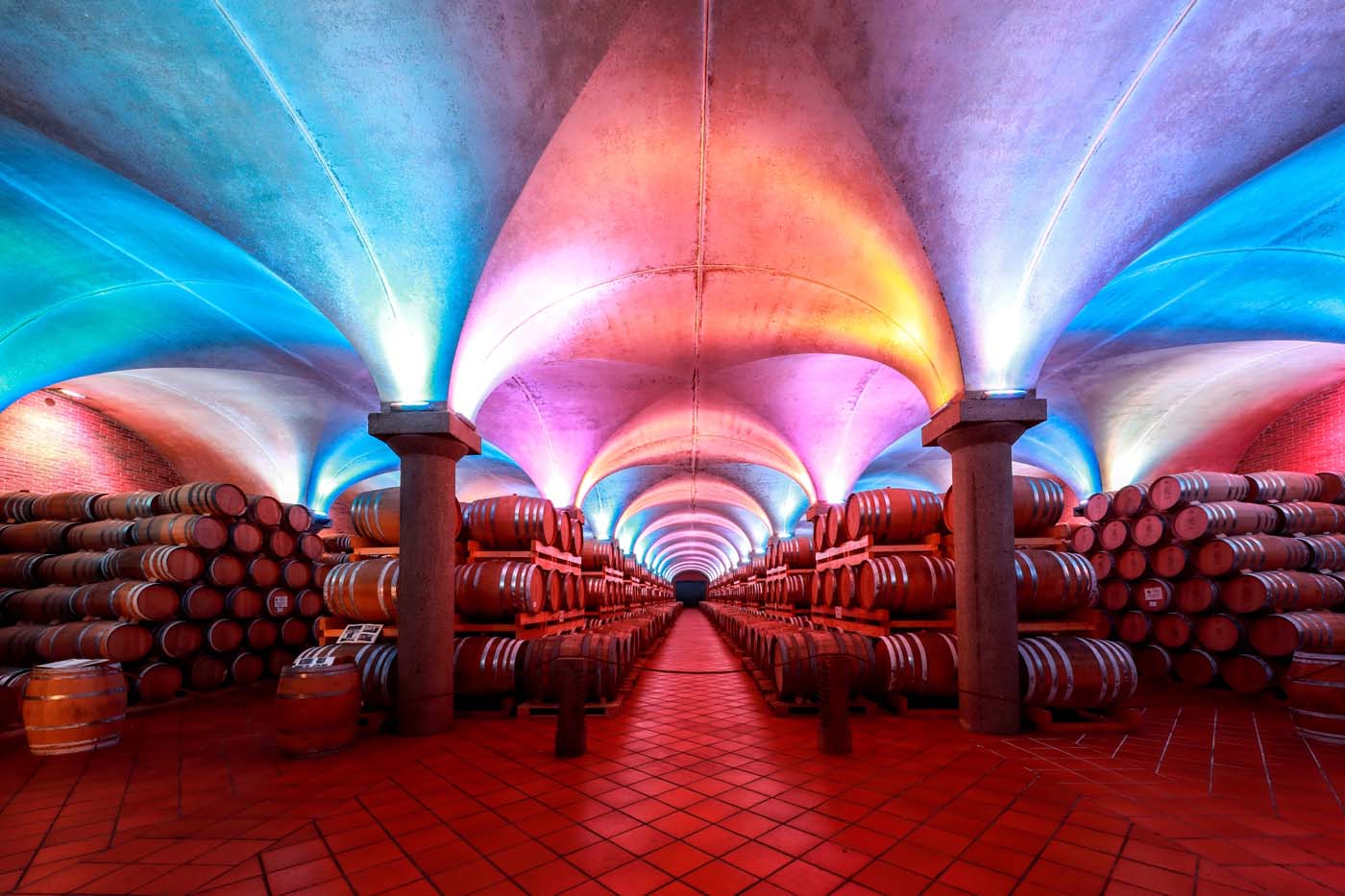 La Barricaia delle Distillerie illuminata di luci multicolori.